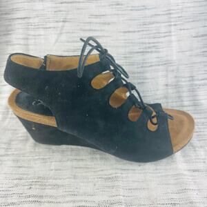 Sofft Maize Suede Black Cork Wedge Lace Up Sandals Size 9